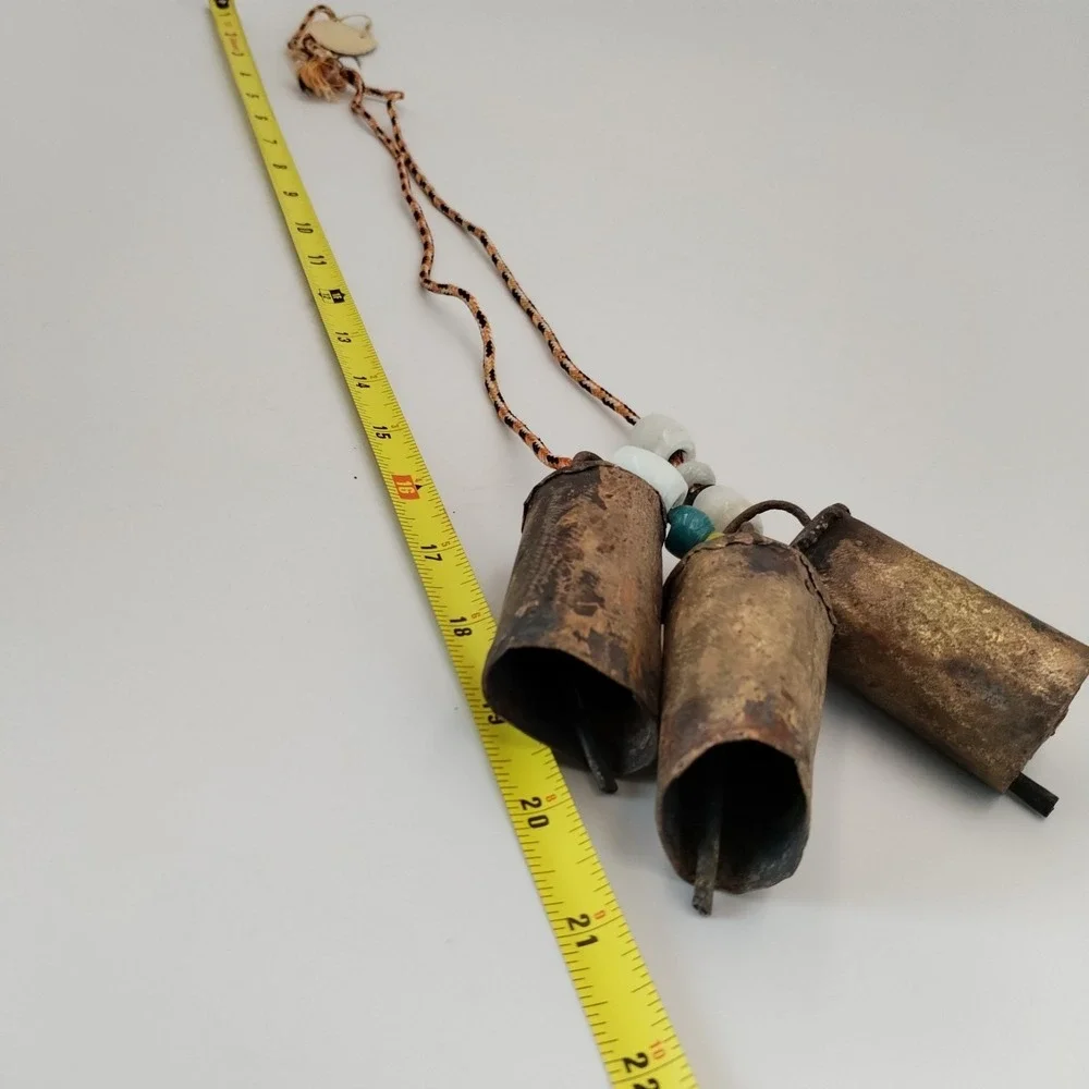 Vintage Rustic Harmony Cow Bells Cluster Set of 3 Brass Iron Boho Hanging Cord